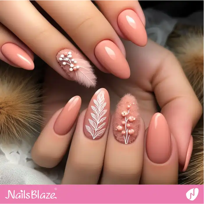 Peach Fuzz Leaf Nails with Feather Design | Nature-inspired Nails - NB1673